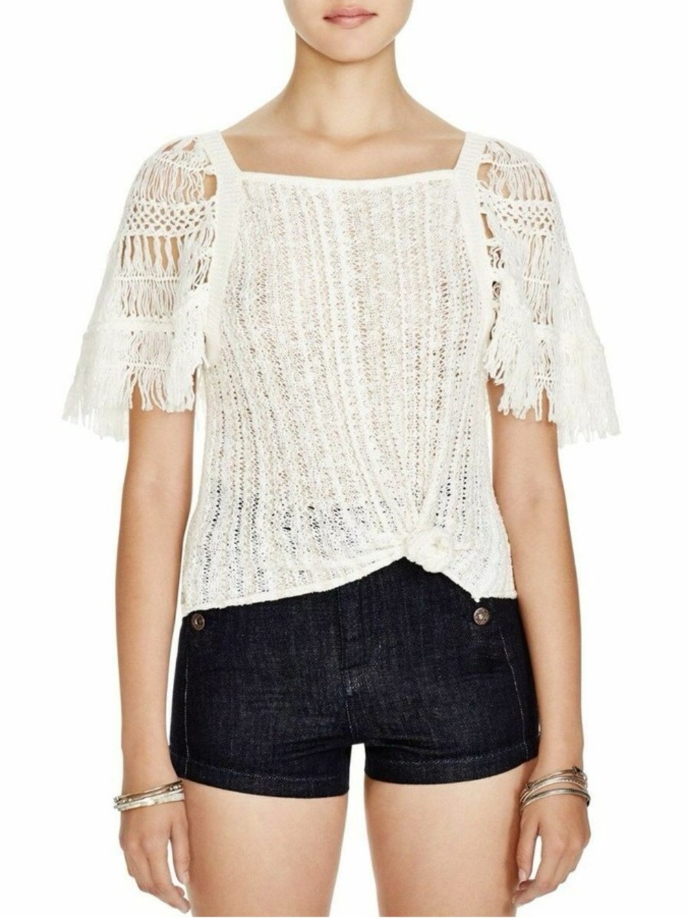 Free People White Crochet Fringe Knit Crop Top